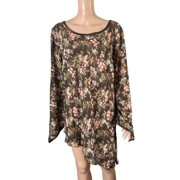 Vtg Dress-U-II By Sharon Blouse Womens 3X Plus Brown Pink Floral Asymmetrical - Picture 1 of 16